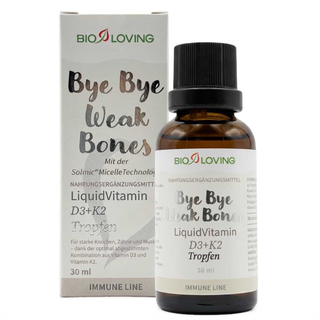 Vitamine D3 + K2 liquide en gouttes | Contient 25 µg (1000 UI) de vitamine D3 et 20 µg de vitamine K2 | 30 ml | Soluble dans l'eau grâce à la technologie micellaire Solmic®