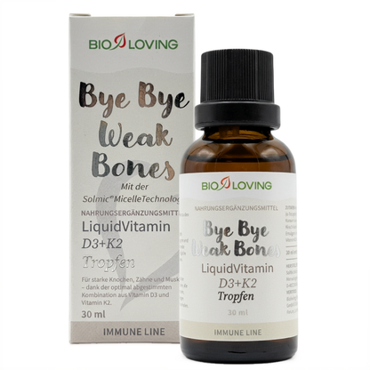 Vitamine D3 + K2 liquide en gouttes | Contient 25 µg (1000 UI) de vitamine D3 et 20 µg de vitamine K2 | 30 ml | Soluble dans l'eau grâce à la technologie micellaire Solmic®