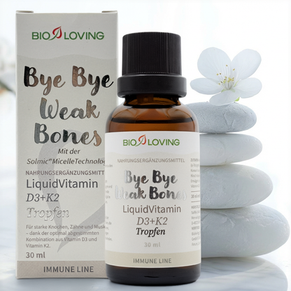 Vitamine D3 + K2 liquide en gouttes | Contient 25 µg (1000 UI) de vitamine D3 et 20 µg de vitamine K2 | 30 ml | Soluble dans l'eau grâce à la technologie micellaire Solmic®