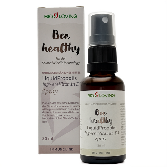 Liquid Propolis Spray | mit 10 mg Propolis + 25 µg (1000 I.E.) Vitamin D3 und  Ingwer | 30 ml | wasserlöslich mit Solmic® MicelleTechnology