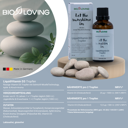 Liquid Vitamin D3 Tropfen | 50 ml flüssiges & hochwertiges Vitamin D3 | wasserlöslich mit Solmic® MicelleTechnology