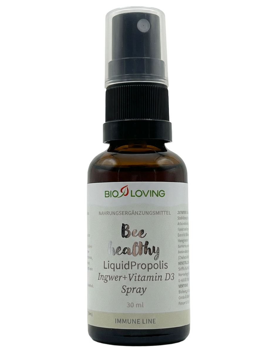 Spray de propolis liquide | Contient 10 mg de propolis + 25 µg (1000 UI) de vitamine D3 et du gingembre | 30 ml | Soluble dans l'eau grâce à la technologie micellaire Solmic®