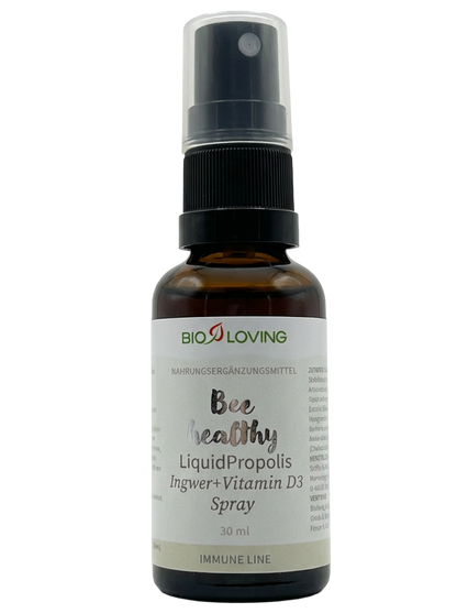 Spray de propolis liquide | Contient 10 mg de propolis + 25 µg (1000 UI) de vitamine D3 et du gingembre | 30 ml | Soluble dans l'eau grâce à la technologie micellaire Solmic®
