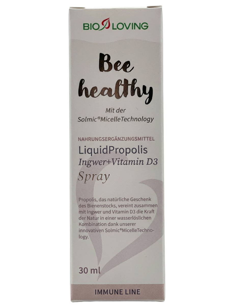 Spray de propolis liquide | Contient 10 mg de propolis + 25 µg (1000 UI) de vitamine D3 et du gingembre | 30 ml | Soluble dans l'eau grâce à la technologie micellaire Solmic®