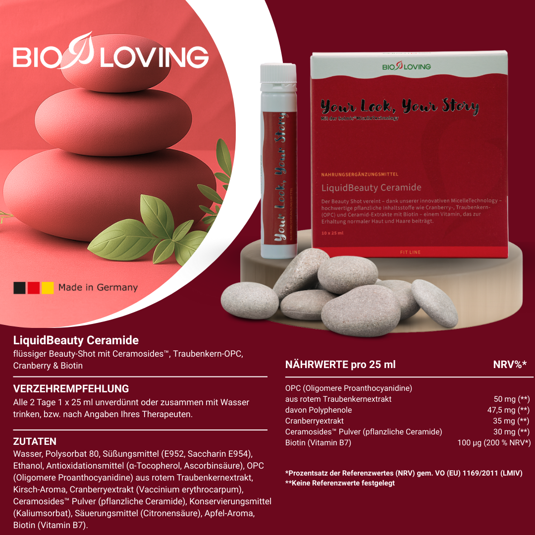 Liquid Beauty Ceramide | 10 x 25 ml | with 30 mg Ceramosides™ (liquid plant-based ceramides), biotin, OPC &amp; cranberry | water-soluble with Solmic® MicelleTechnology