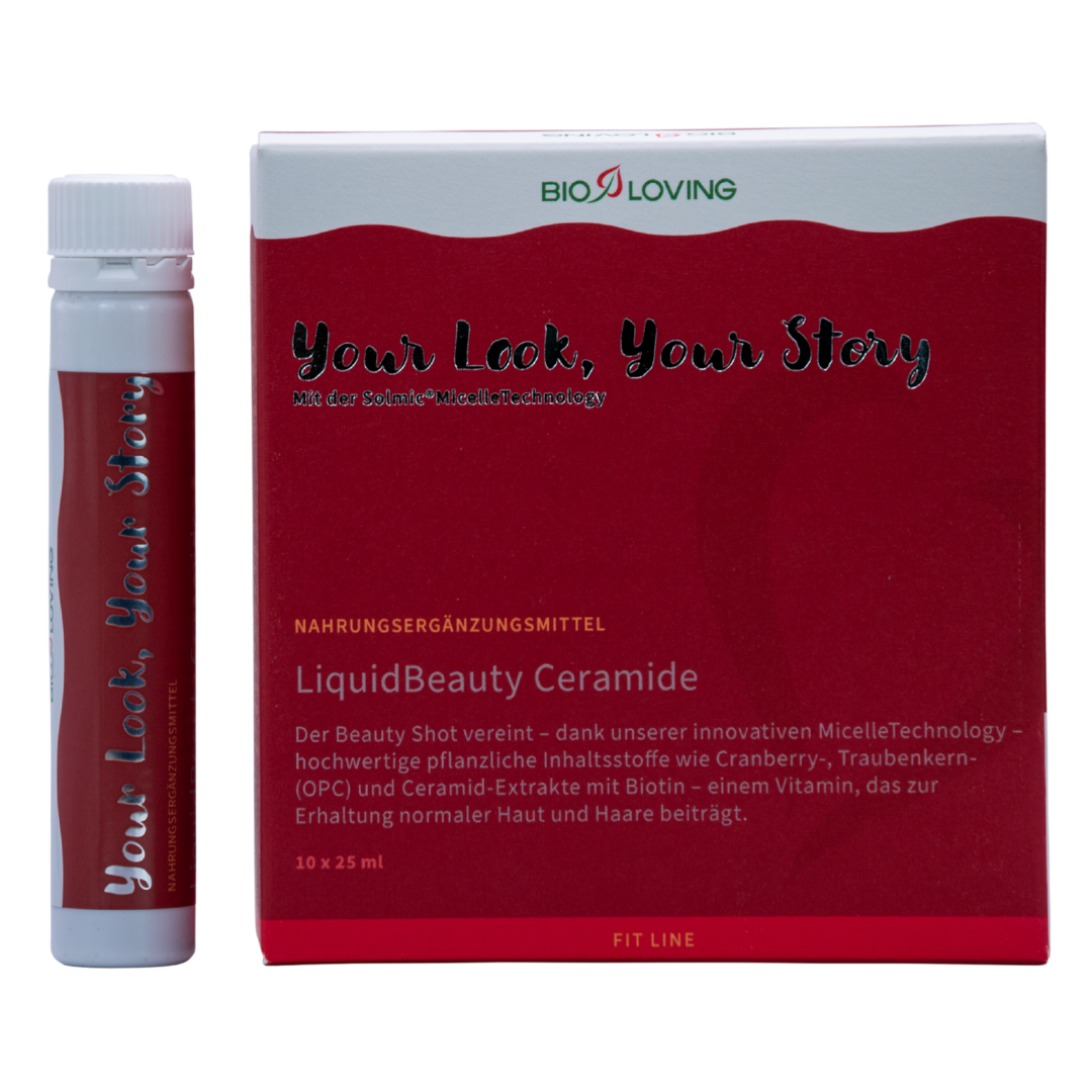 Liquid Beauty Ceramide | 10 x 25 ml | with 30 mg Ceramosides™ (liquid plant-based ceramides), biotin, OPC &amp; cranberry | water-soluble with Solmic® MicelleTechnology