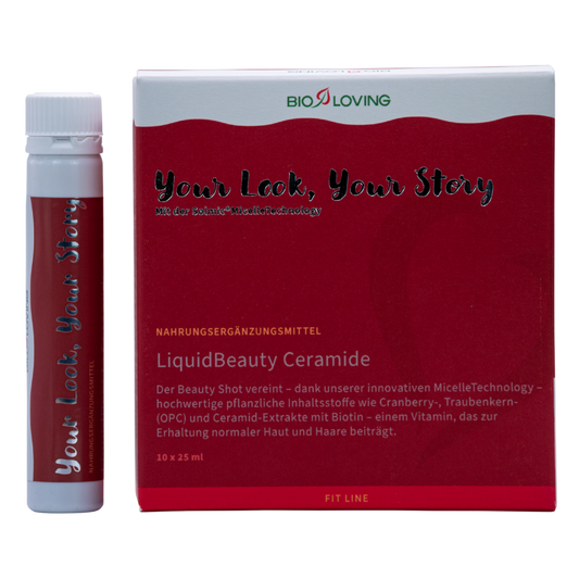 Liquid Beauty Ceramide | 10 x 25 ml | mit 30 mg Ceramosides™ (flüssige pflanzliche Ceramide), Biotin, OPC & Cranberry | wasserlöslich mit Solmic® MicelleTechnology