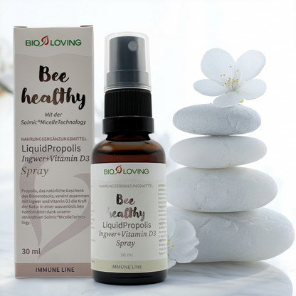 Spray de propolis liquide | Contient 10 mg de propolis + 25 µg (1000 UI) de vitamine D3 et du gingembre | 30 ml | Soluble dans l'eau grâce à la technologie micellaire Solmic®