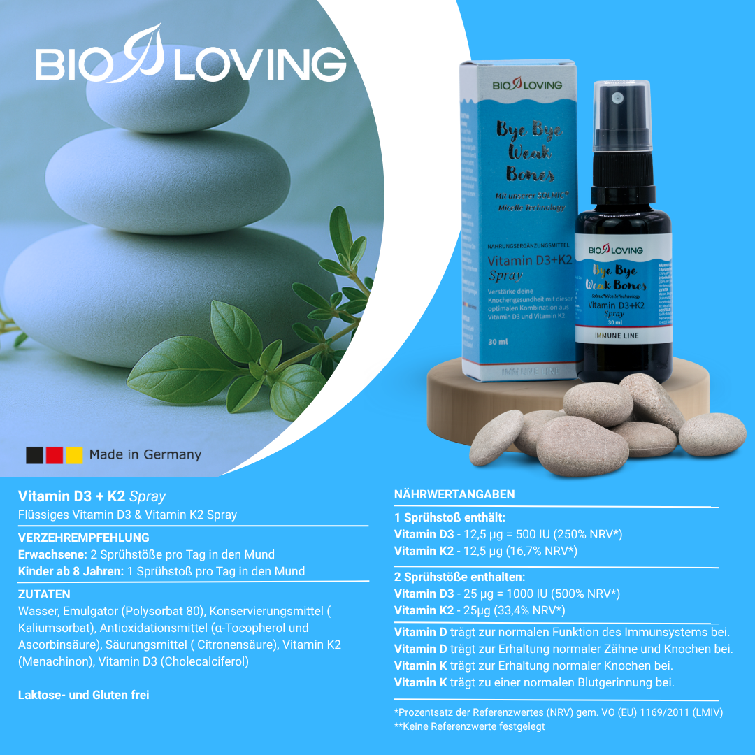 Bioloving Vitamin D3+K2 Spray | 30 ml | flüssiges 25 µg (1000 I.E.) Vitamin D3 & 25 µg Vitamin K2