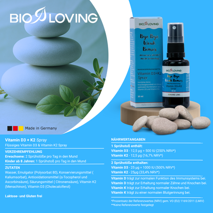 Bioloving Vitamin D3+K2 Spray | 30 ml | flüssiges 25 µg (1000 I.E.) Vitamin D3 & 25 µg Vitamin K2
